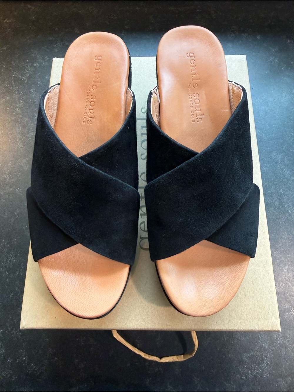 kenzie Black Suede Crossover Wedge Slide Sandals